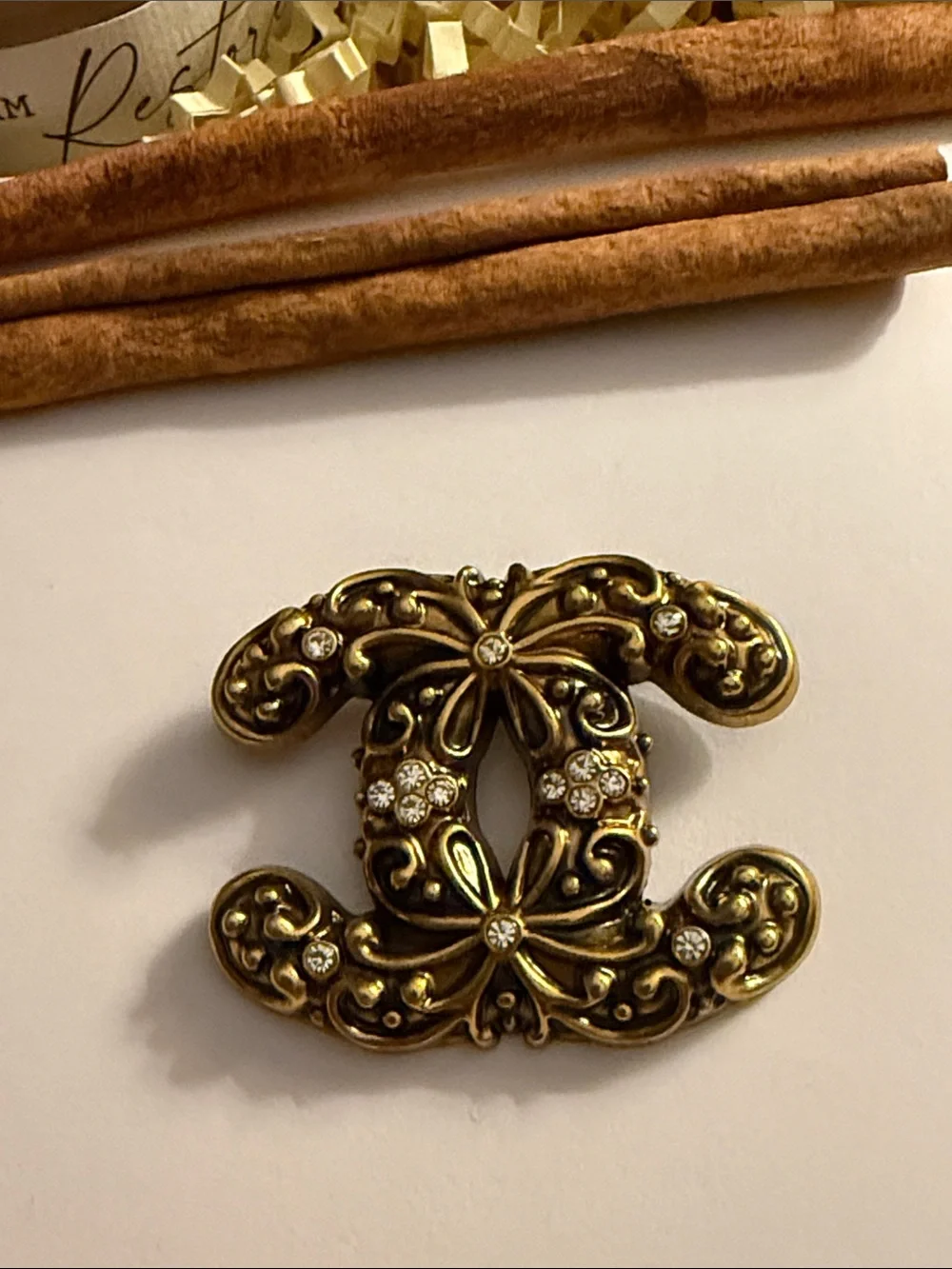 Fashion Jewelry Gold-Tone Rhinestone Brooch - Floral Scroll Design